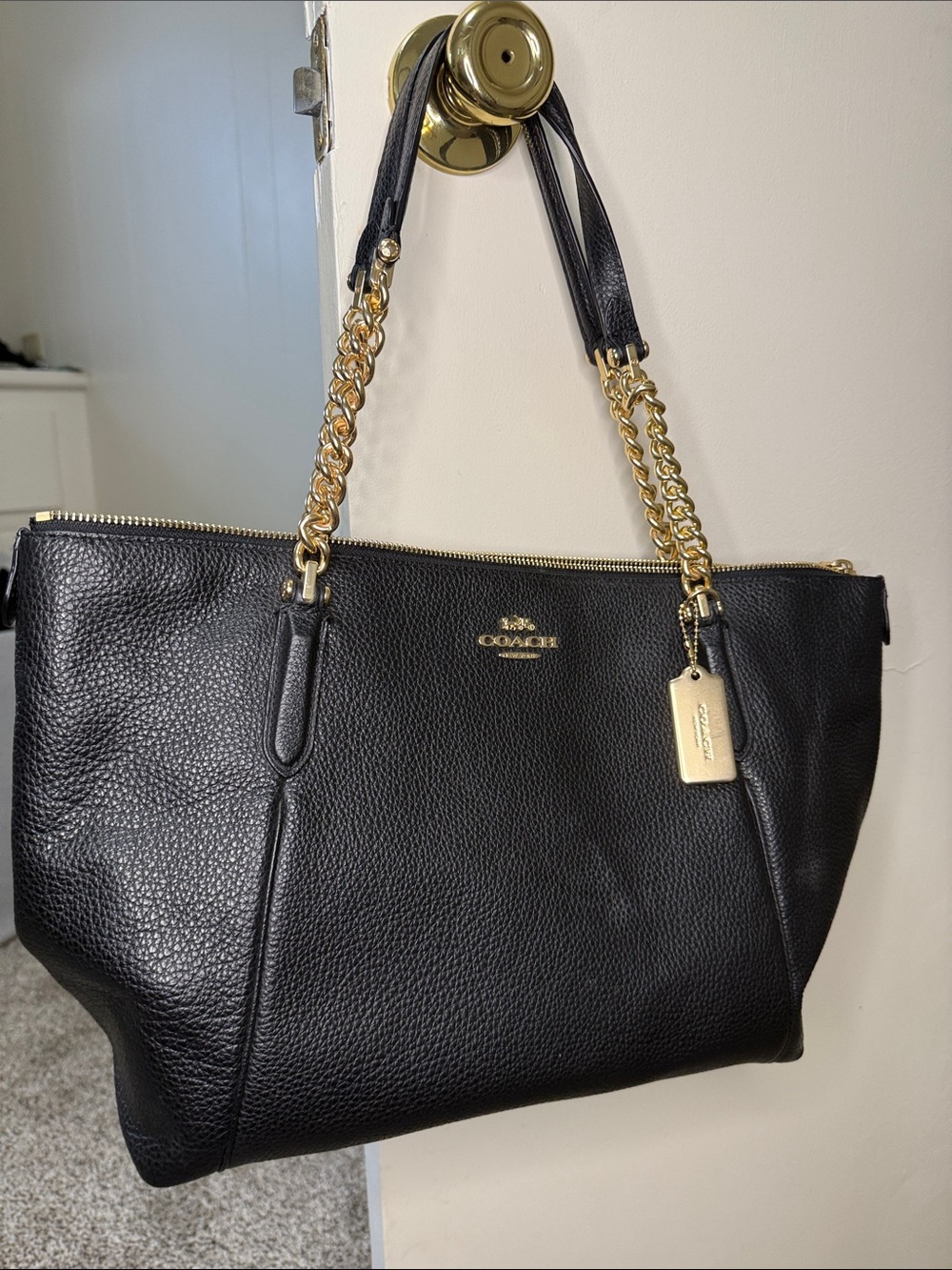 Coach Black Pebbled Leather Tote with Gold Chain Straps